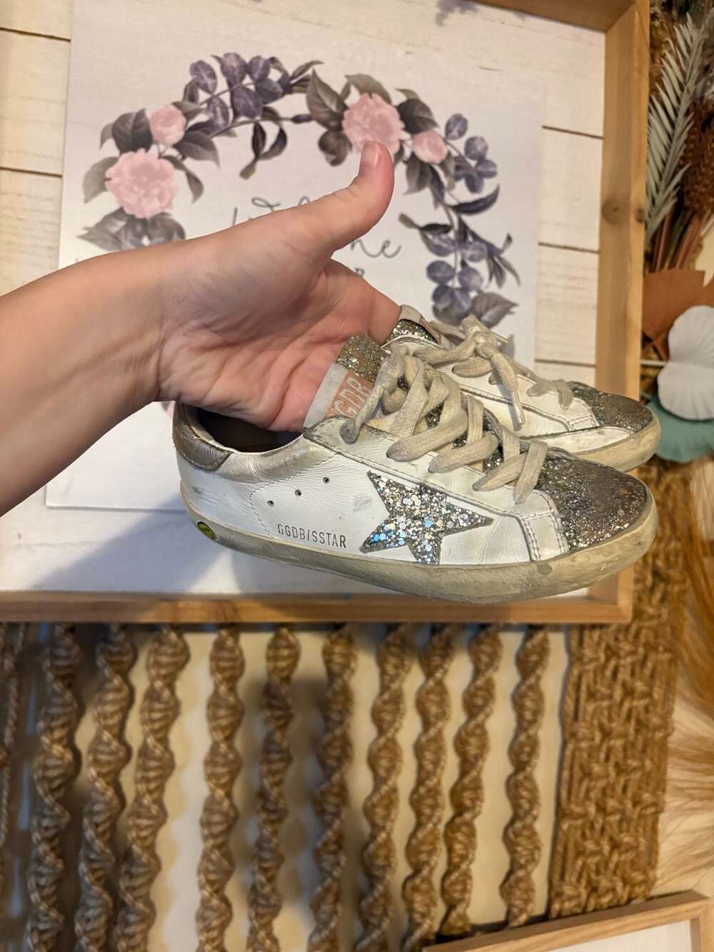 Golden Goose Kids Super-Star Sneakers White Glitter Star and Gold Heel Tab